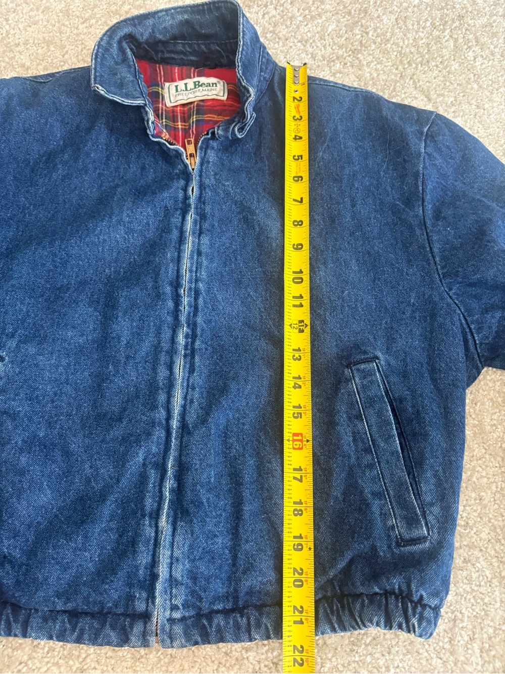 Vintage L.L. Bean Jean Denim Bomber Jacket Cotton Red Flannel Lining Size Small - Picture 15 of 16